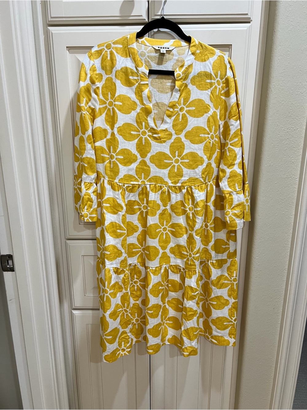Boden Yellow and White Floral Linen Tiered Dress 10L